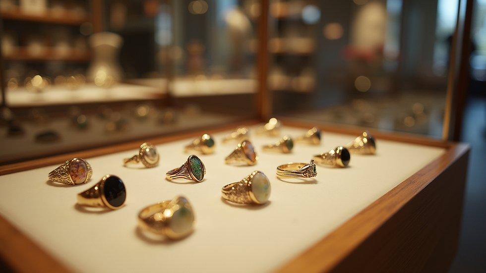 Eye-level view of a display case filled with various rings in a jewellery store