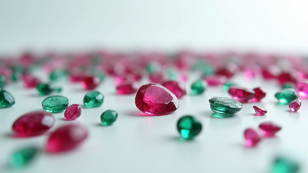 High angle view of a collection of loose colored gemstones including rubies, sapphires, and emeralds
