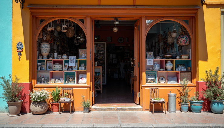 Eye-level view of a colorful storefront of a community shop in Cape Town with handmade crafts displayed outside