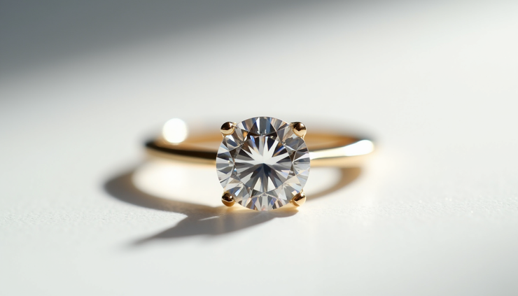 Close-up view of a round brilliant cut diamond on a gold engagement ring