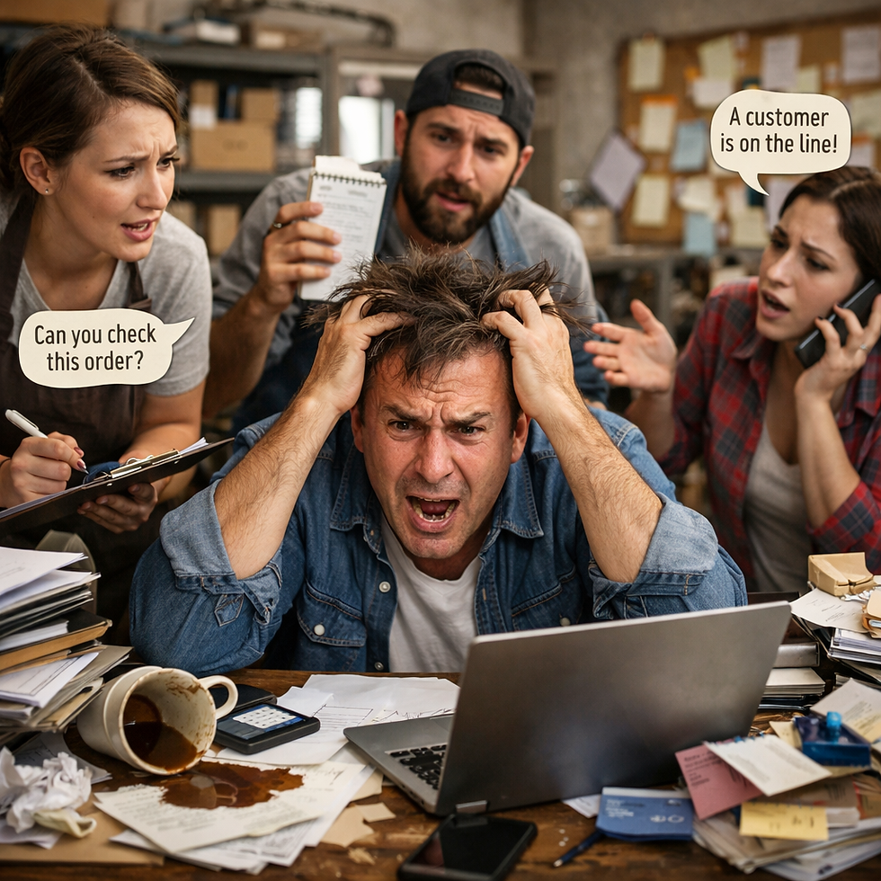 Overwhelmed business owner under pressure as employees demand answers amidst a chaotic workspace.