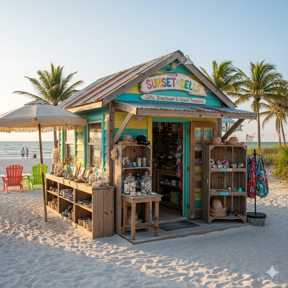 Charming early evening scene of a colorful beach store, offering unique gifts, beachwear, and island treasures, set against the backdrop of palm trees and a tranquil ocean. Created with Gemini