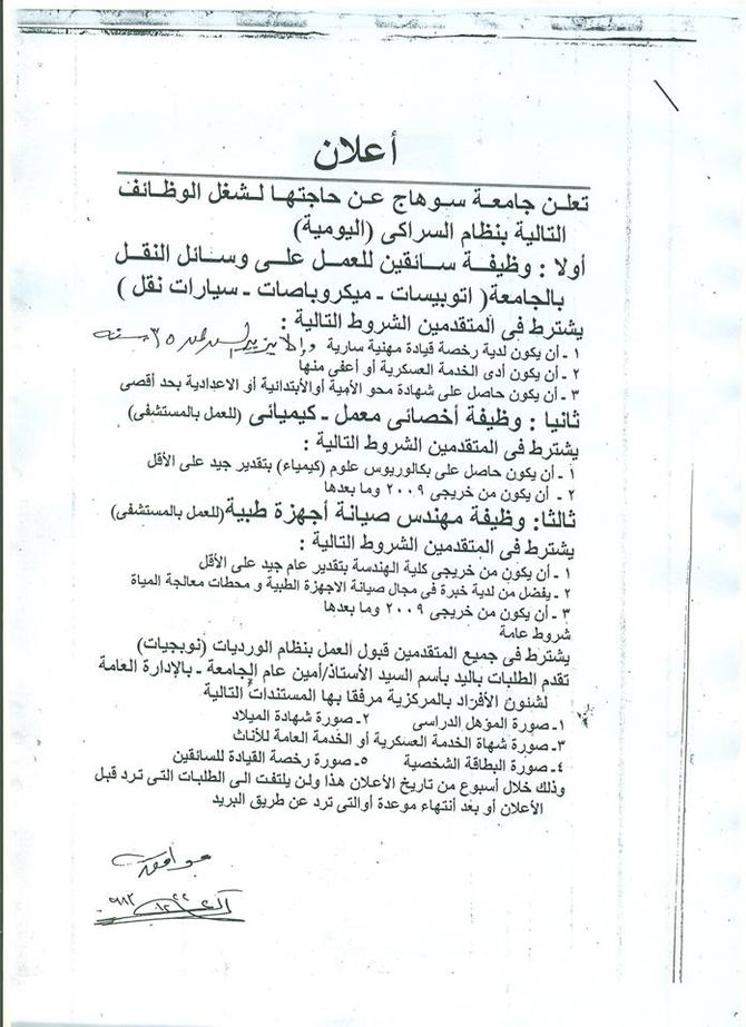 وظائف شاغرة بجامعة سوهاج