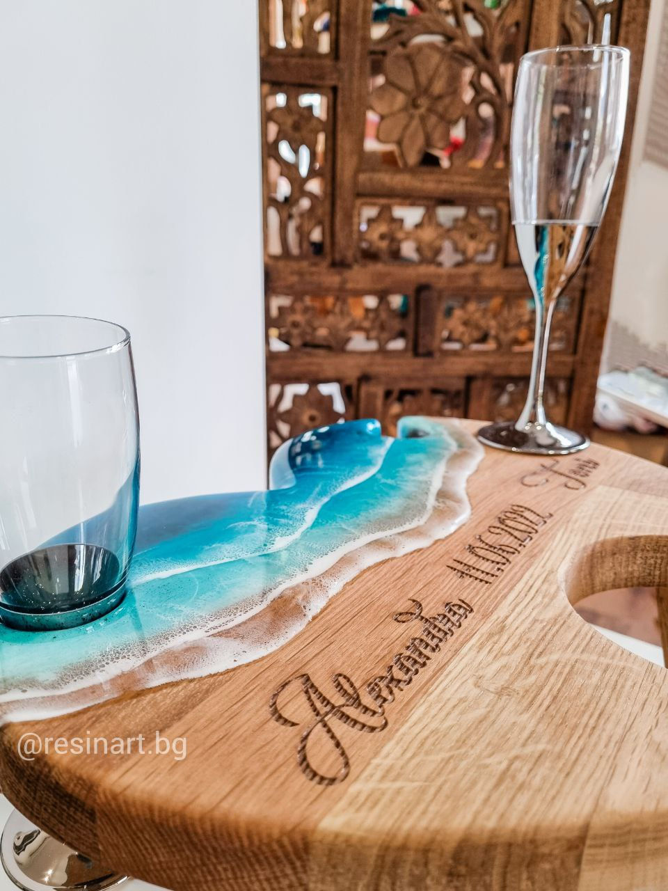 Thumbnail: Oak Wooden epoxy resin wine table 3d sea effect wedding present unique handmade interior design piece couple gift romantic