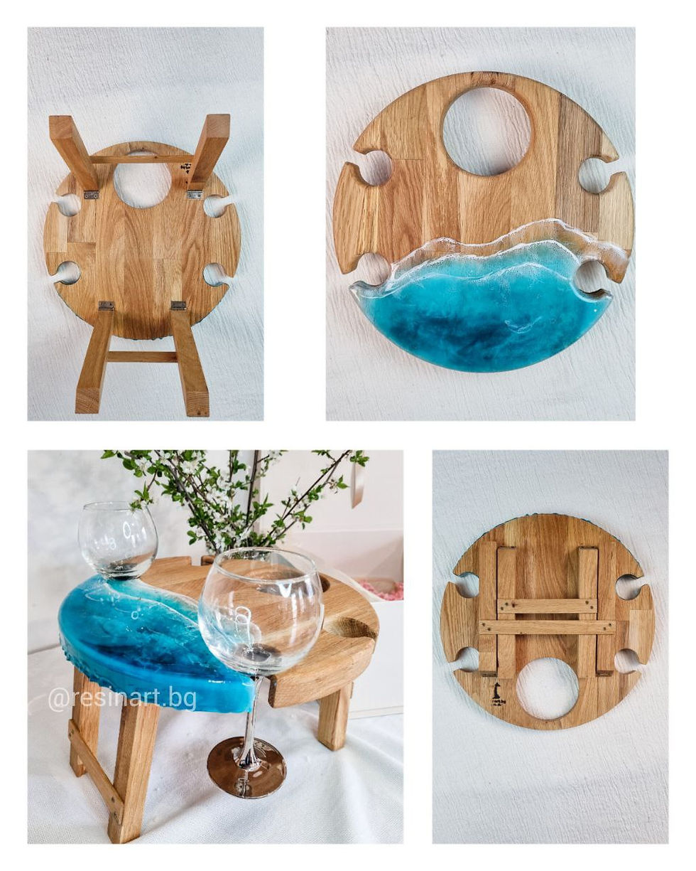 Thumbnail: Oak Wooden epoxy resin wine table 3d sea effect wedding present unique handmade interior design piece couple gift romantic