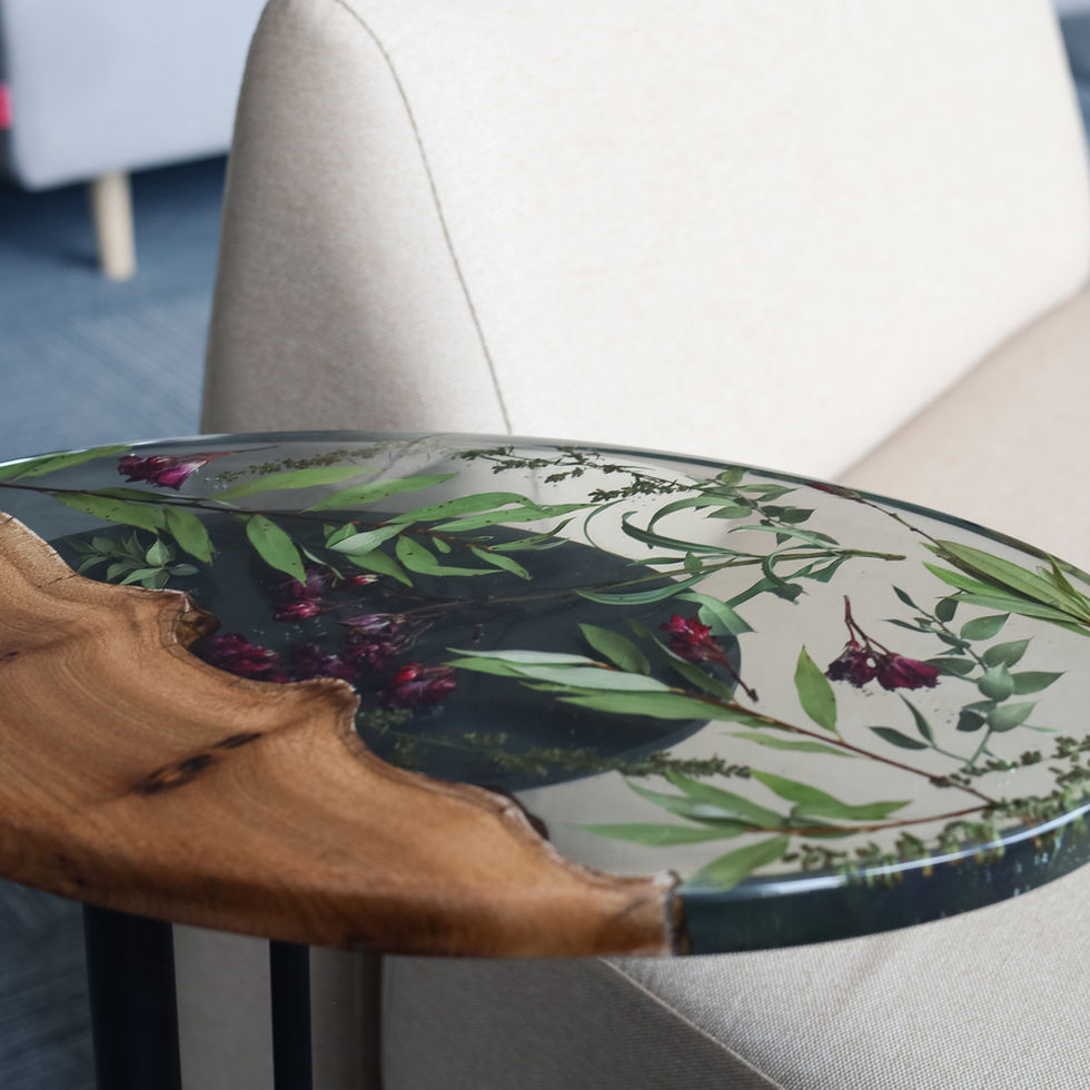 Wooden epoxy resin coffee table real dried wedding bouquet flowers metal base unique handmade interior design piece