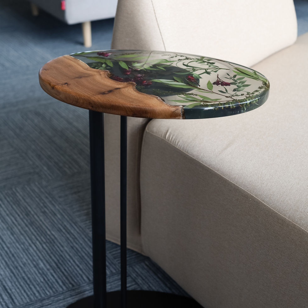 Wooden epoxy resin coffee table real dried wedding bouquet flowers metal base unique handmade interior design piece