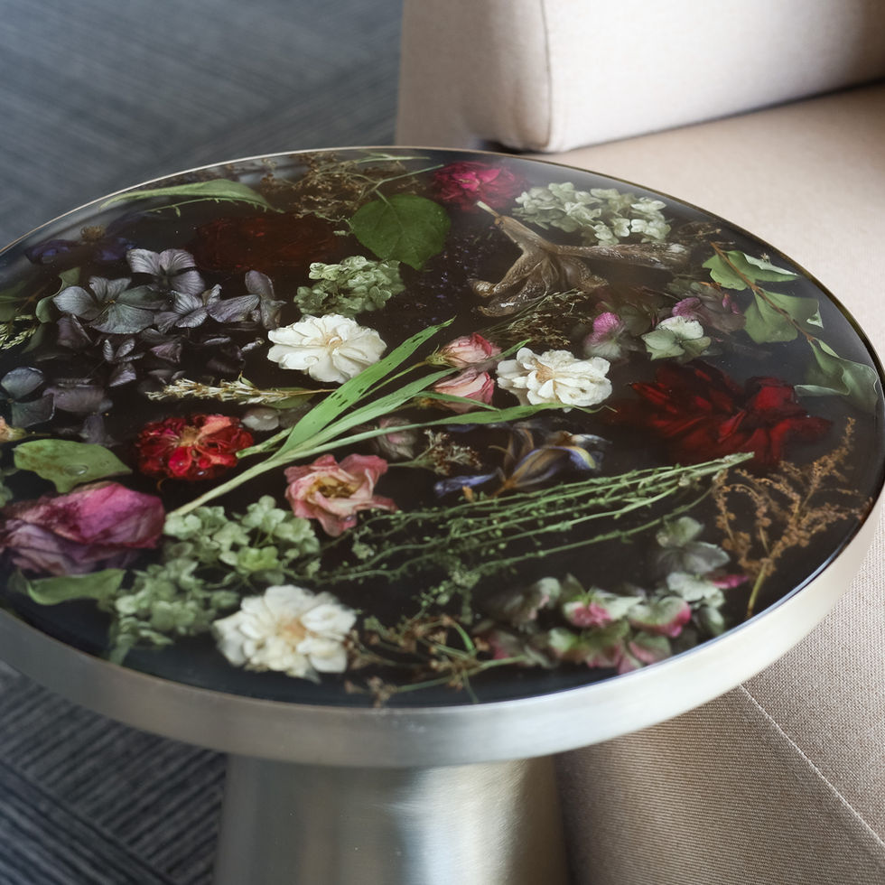 epoxy resin coffee table real dried wedding bouquet flowers brass base unique handmade interior design piece