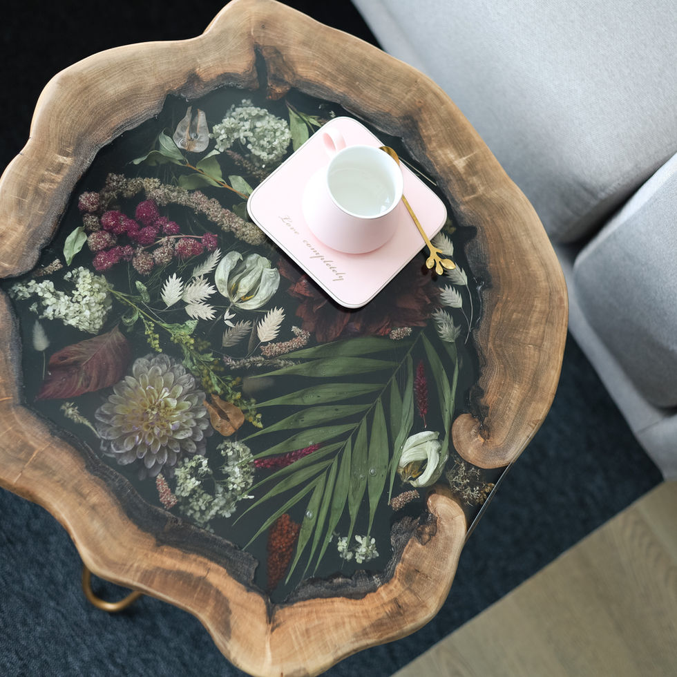 Wooden epoxy resin coffee table real dried wedding bouquet flowers metal base unique handmade interior design piece