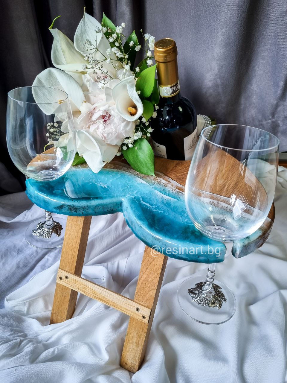 Thumbnail: Oak Wooden epoxy resin wine table 3d sea effect wedding present unique handmade interior design piece couple gift romantic