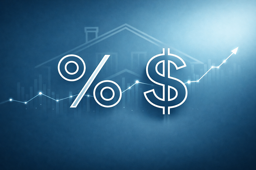 Modern blue gradient graphic showing a percentage symbol, a dollar sign, and a subtle house outline with a faint line graph in the background.