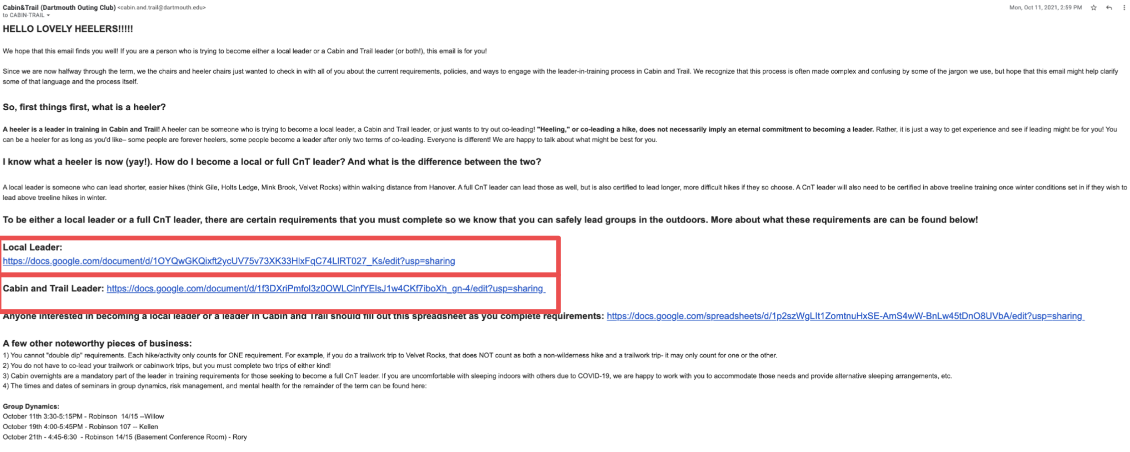 Screenshot of existing DOC leader resources online