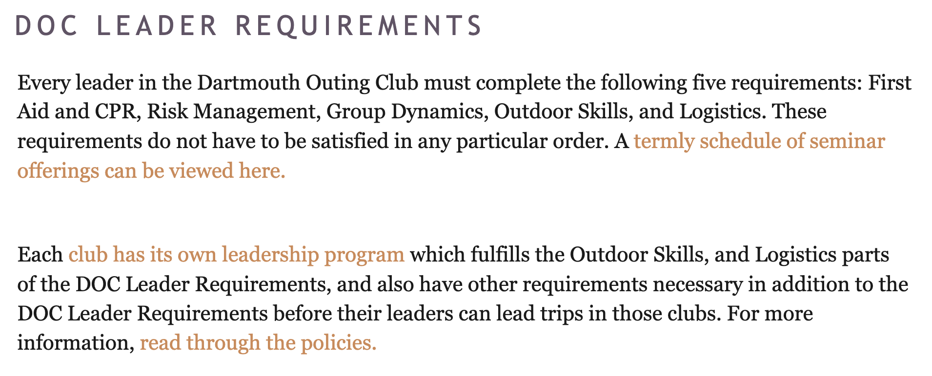 Screenshot of existing DOC leader resources online