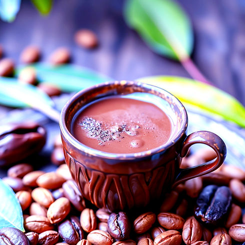 Brown rich teaming cup of Cermonial Cacao with cacao beans around it.jpg