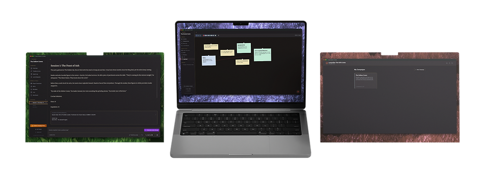 Two screens and a laptop mockup showing more screens of the Loreyteller app: Session screen, Idea Board screen, and the Campaign List screen