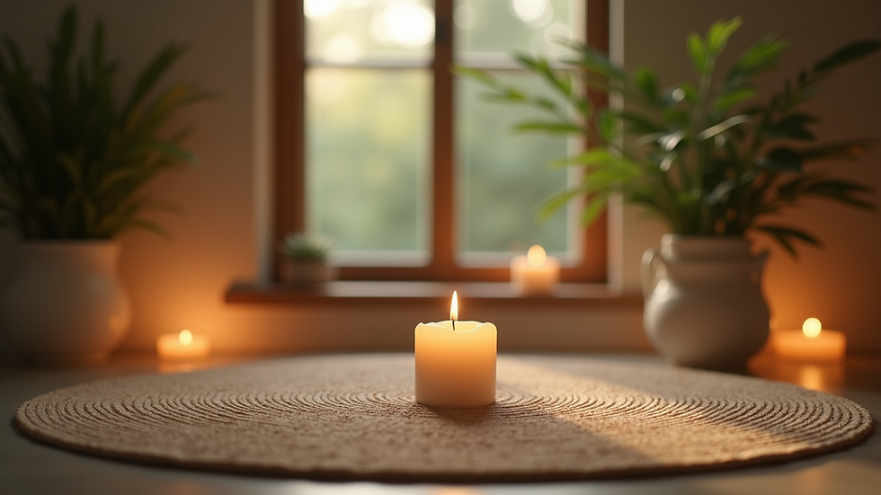 Close-up view of a serene meditation space with candles and plants