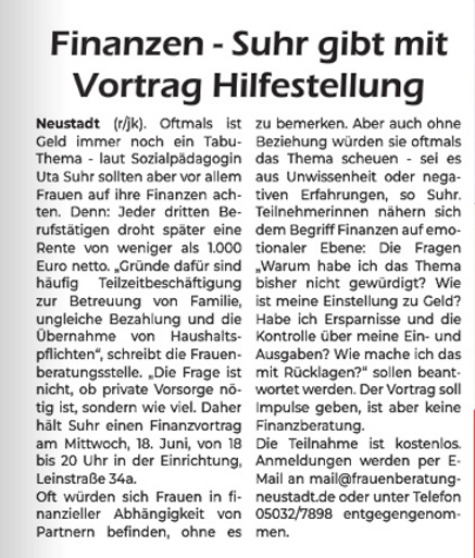 Zeitungsartikel über einen Vortrag für Frauen z. Thema Finanzen