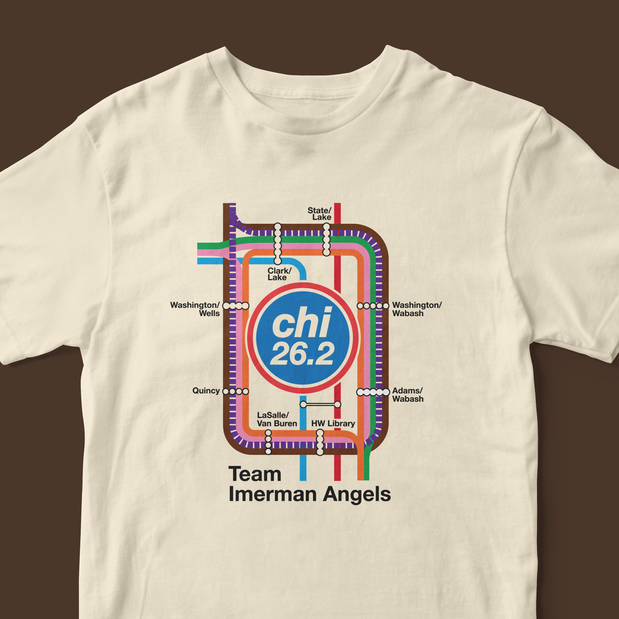 A t-shirt with an illustration of the CTA loop map where the CTA logo is replaced with 'CHI 26.2'