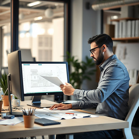 Create an office worker, working on an architectural plan on the computer.jpg