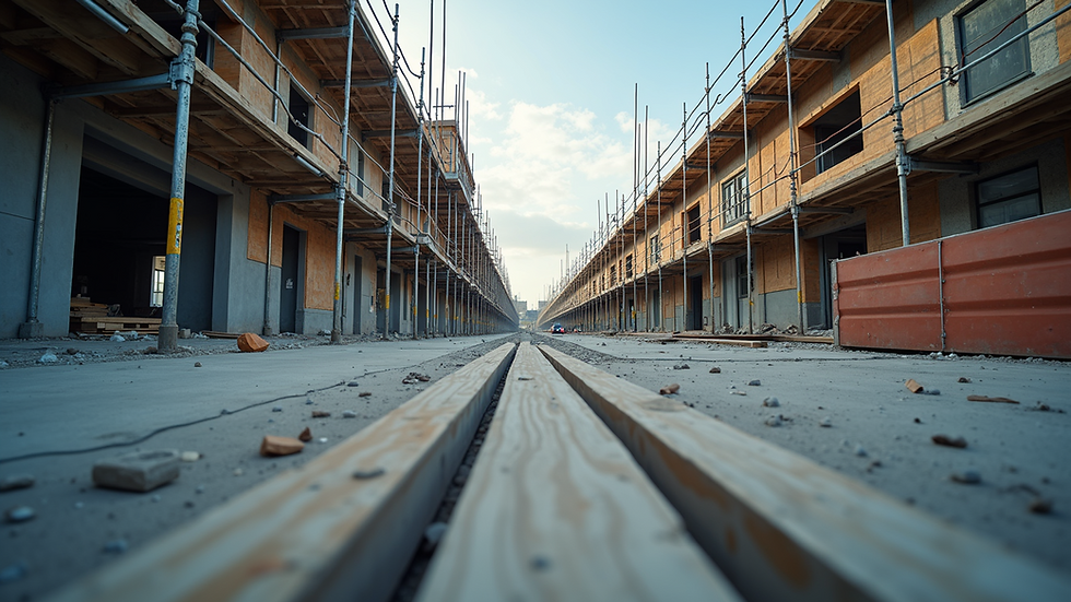 Eye-level view of a construction site with scaffolding and building materials