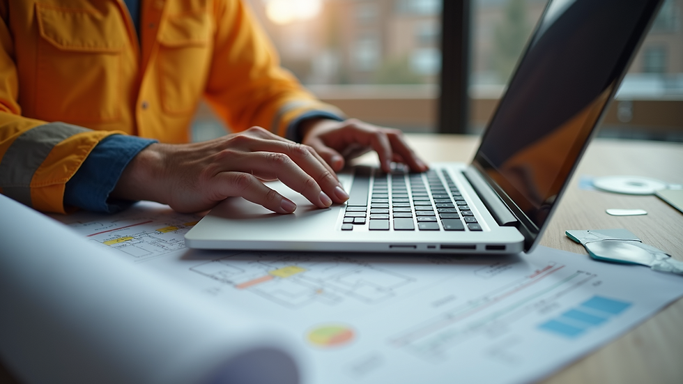 High angle view of a contractor reviewing project plans on a laptop