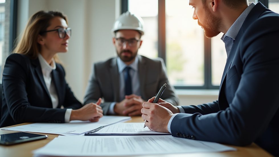 Eye-level view of a contractor consulting with a legal expert