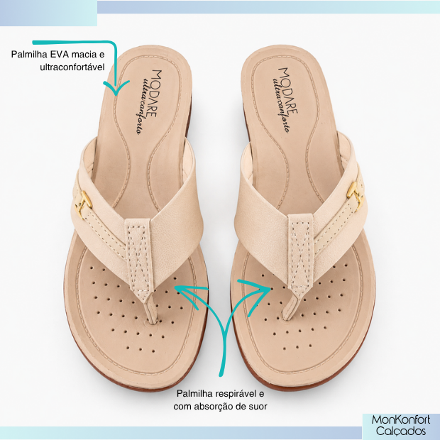 mostra o chinelo feminino modare sereno creme que possui reforço de conforto no calcanhar