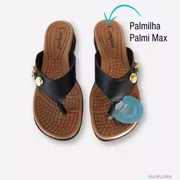 A palmilha Palmi Max do chinelo Campesí Harmonia massageia os pés durante o uso