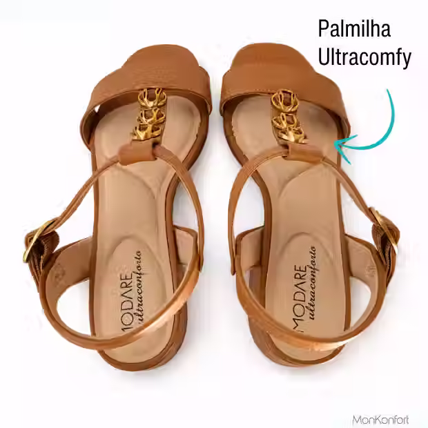 A sandália feminina salto bloco Modare Encanto Camel possui palmilha acolchoada acomodando os pés com maciez a cada passo.