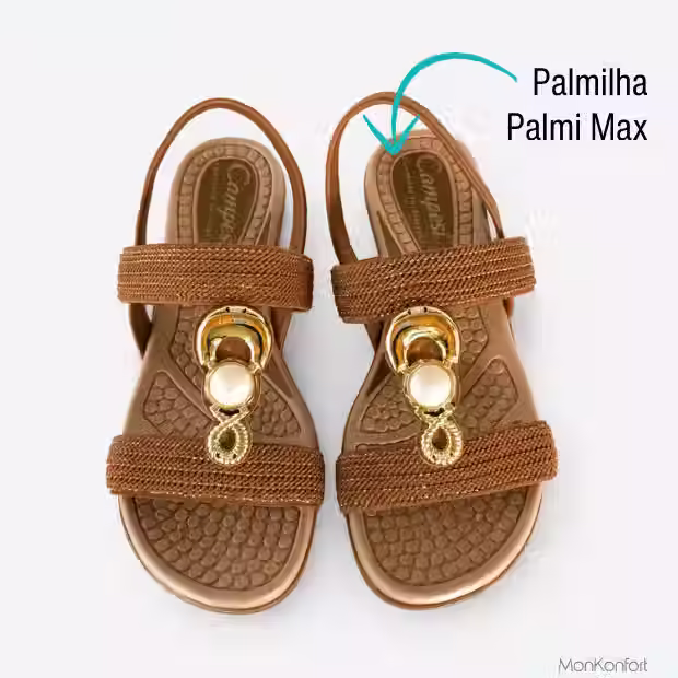 A palmilha Palmi Max da sandália feminina Camepsí Fluxo mascavo possui relevos massageadores que ativam a circulação plantar