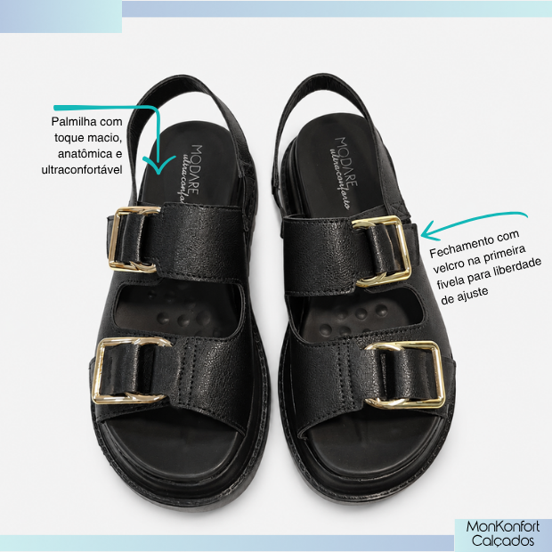 vista superior sandalia birken Modare Equilibrio Preta destacando fivelas decorativas douradas com ajustaveis com velcro