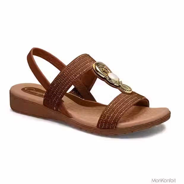 A sandália feminina Campesí Fluxo Mascavo possui palmilha anatômica Palmi Max e calce fácil ideal para uso prolongado.