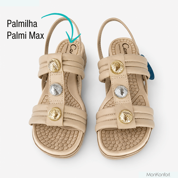 A palmilha anatômica Palmi Max da sandália Campesí Harmonia Bege massageia e ativa a circulação plantar durante a caminhada.