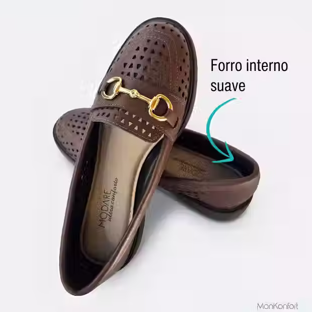 O mocassim feminino Brisa Café possui interior do cabedal suave ao toque, sem espuma, sendo ideal para usar em dias quentes.