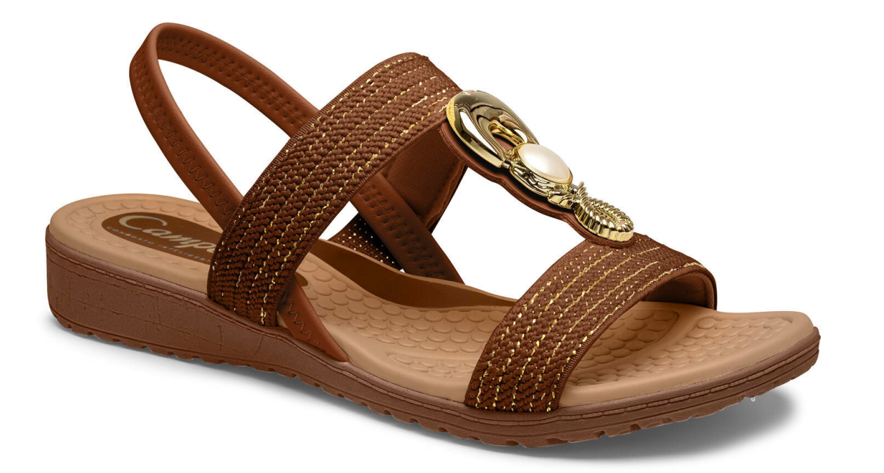 Sandália papete calce fácil salto anabela Campesí, cabedal na cor mascavo/ouro e adorno dourado, palmilha anatômica palmi max