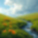 Green grassy hill with a flowing stream and orange flowers 