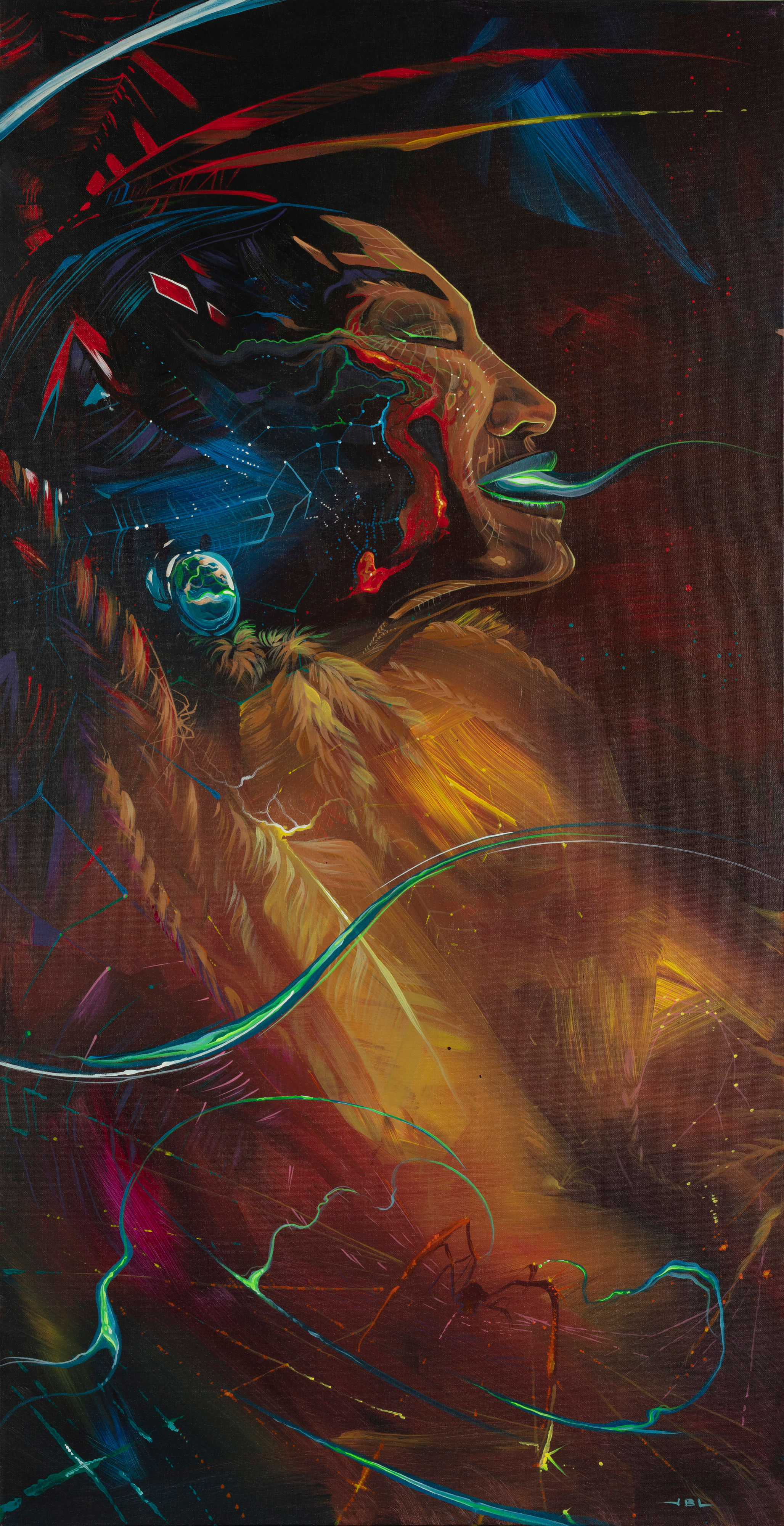 24x48 , Embellished Print on Canvas Spider cosmos woman 