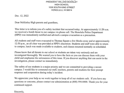 Parent Letter: Evacuation Letter 