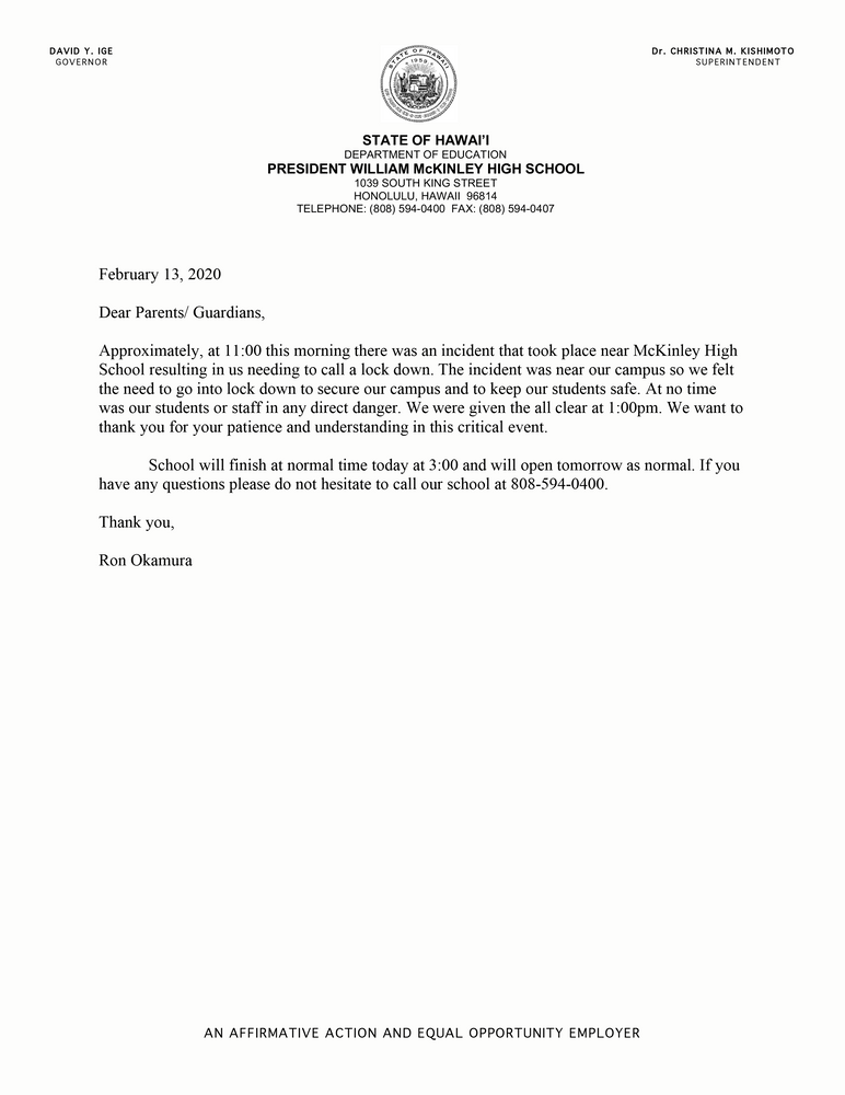 Today's Lockdown Letter to Parents