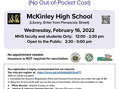 COVID Vaccination Clinic - February 16 (Wednesday) 12:00pm-5:00pm