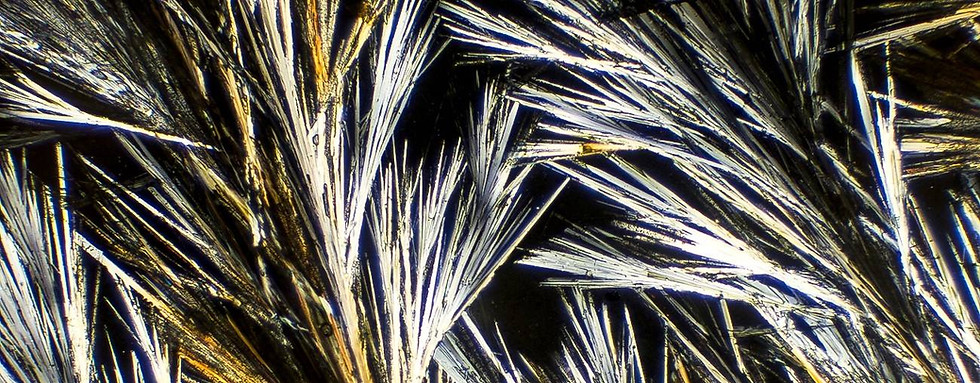 Mikroskopische Aufnahme von nadelartigen, fächerförmig angeordneten Kristallen in Silber und Gold auf dunklem Hintergrund.