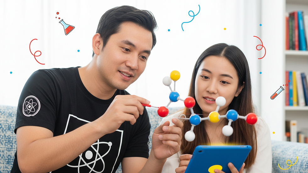 Close-up view of a chemistry tutor explaining a molecular model to a student