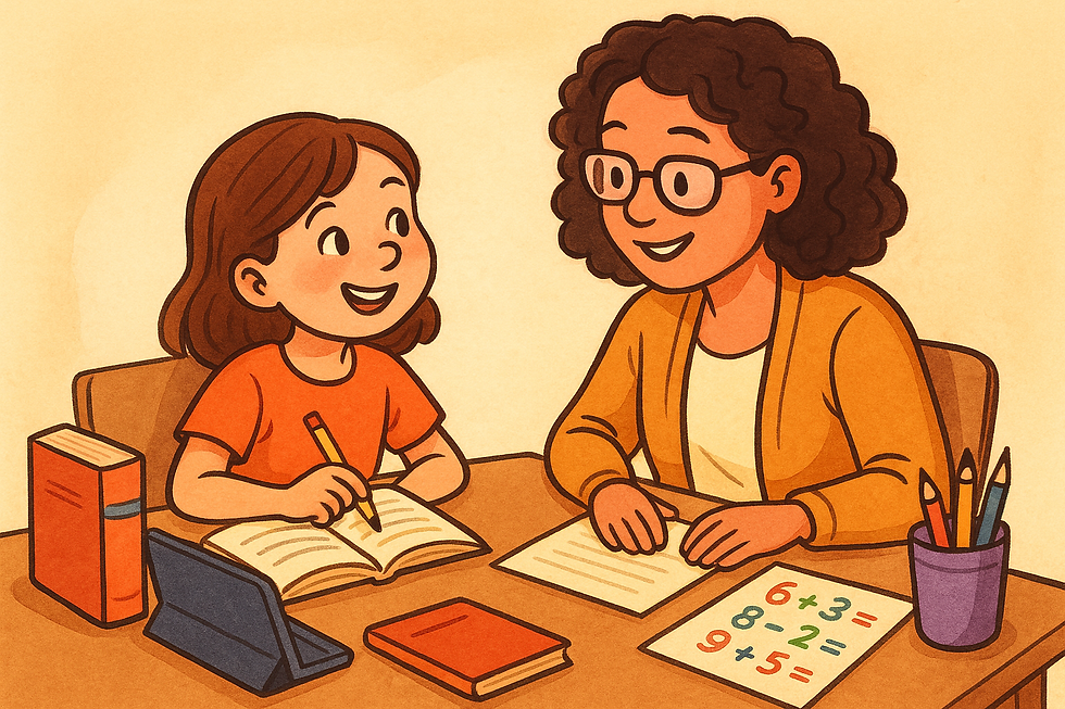 A cartoon-style illustration of a tutor working closely with a child at a table, surrounded by learning materials, representing supportive learning and tutoring.