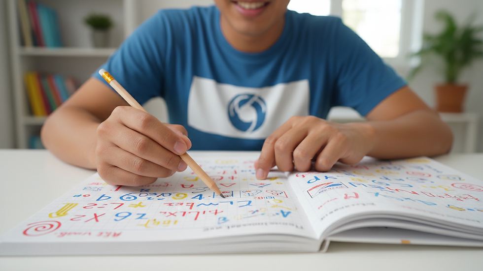 Close-up view of a maths workbook with colourful notes and a pencil