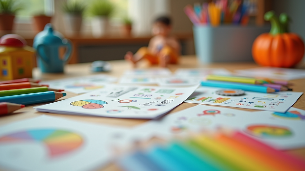 Close-up view of a colourful learning toolkit with flashcards and educational toys