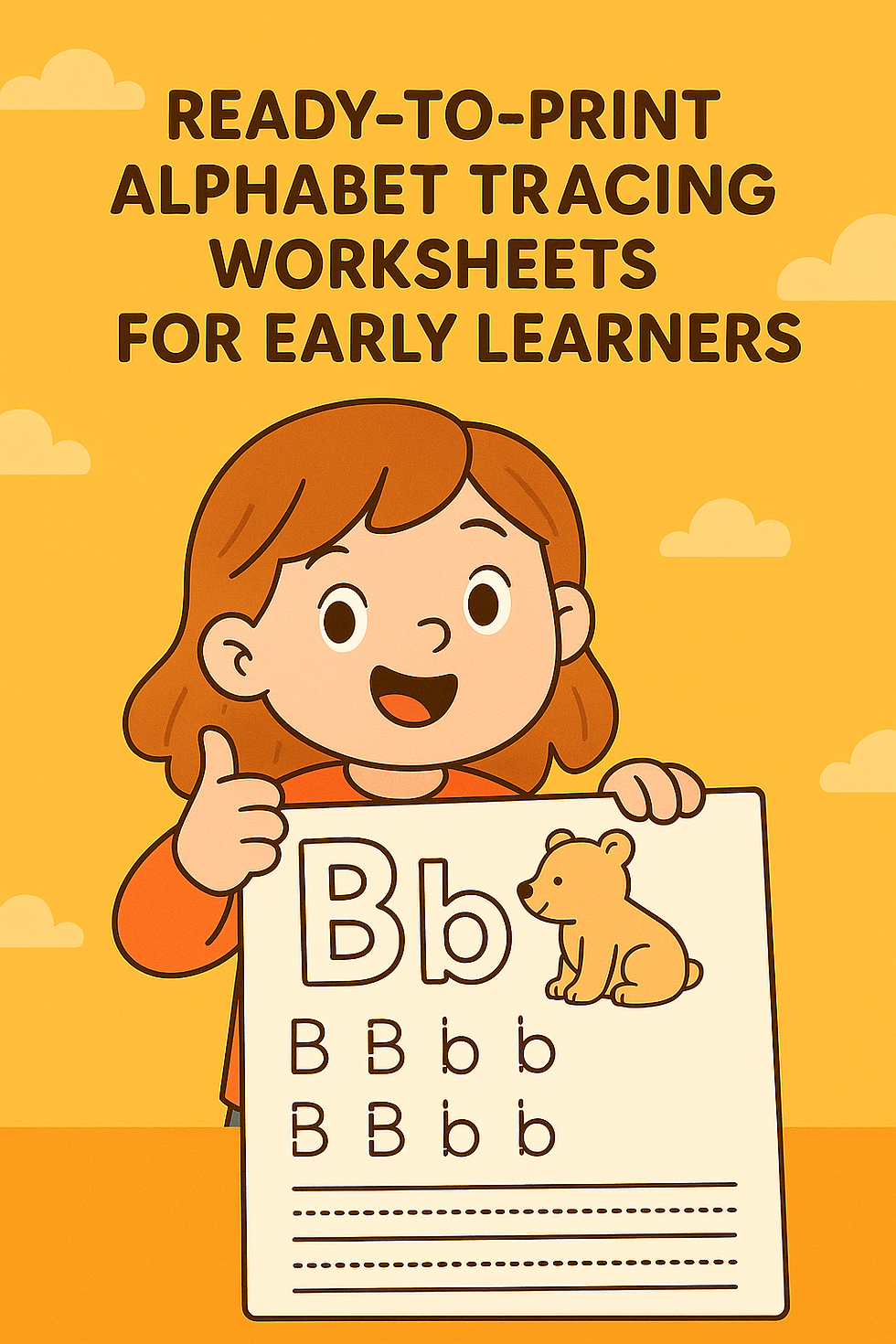 Cartoon illustration of a smiling young girl holding an alphabet tracing worksheet featuring the letter "B" and a bear image. The background is bright yellow with soft clouds, and bold text at the top reads "Ready-to-Print Alphabet Tracing Worksheets for Early Learners."