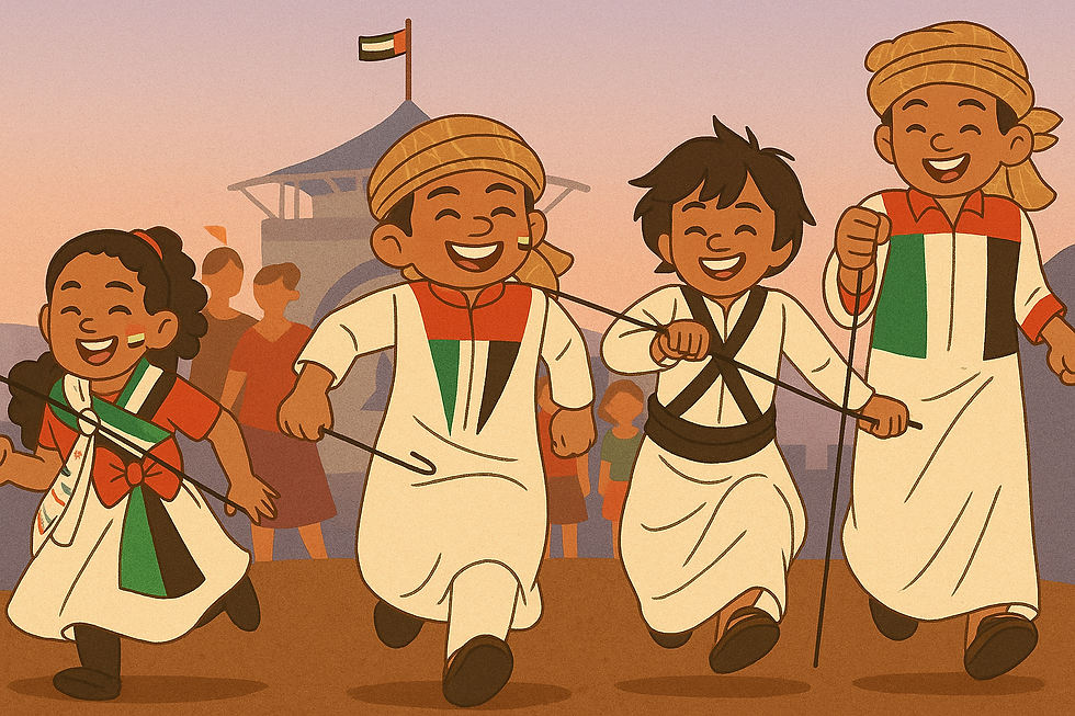 Cartoon illustration of four Emirati children joyfully running outdoors during UAE Flag Day celebrations. They wear traditional UAE attire in the national colors of red, green, white, and black, smiling as they hold small sticks, with a pavilion and UAE flag in the background under a warm sunset sky.