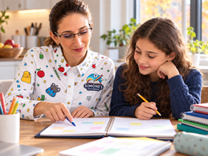 Simone Dahkoul helps a student plan revision at home ahead of the UAE mid-term break.