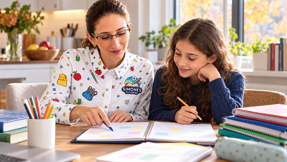 Simone Dahkoul helps a student plan revision at home ahead of the UAE mid-term break.