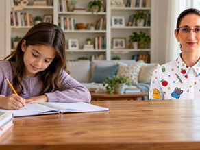 Simone Dahkoul alongside a student studying at home
